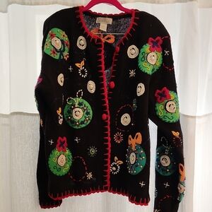 Lord & Taylor Black and Green Cardigan with Playful Floral Designs